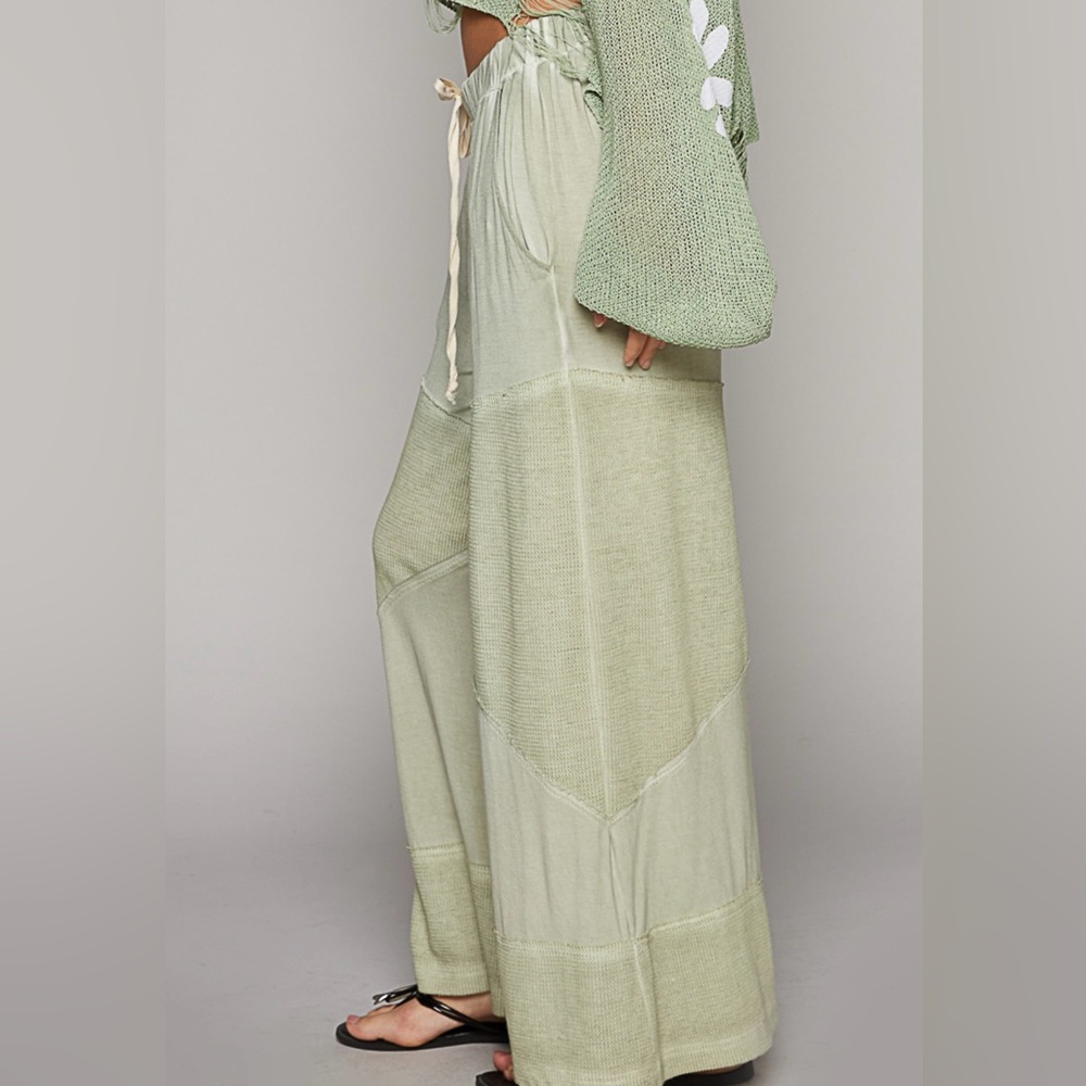 Contrast Ribber Elastic Waist Casual knit Culotte Sage green pants - Picture 3 of 4
